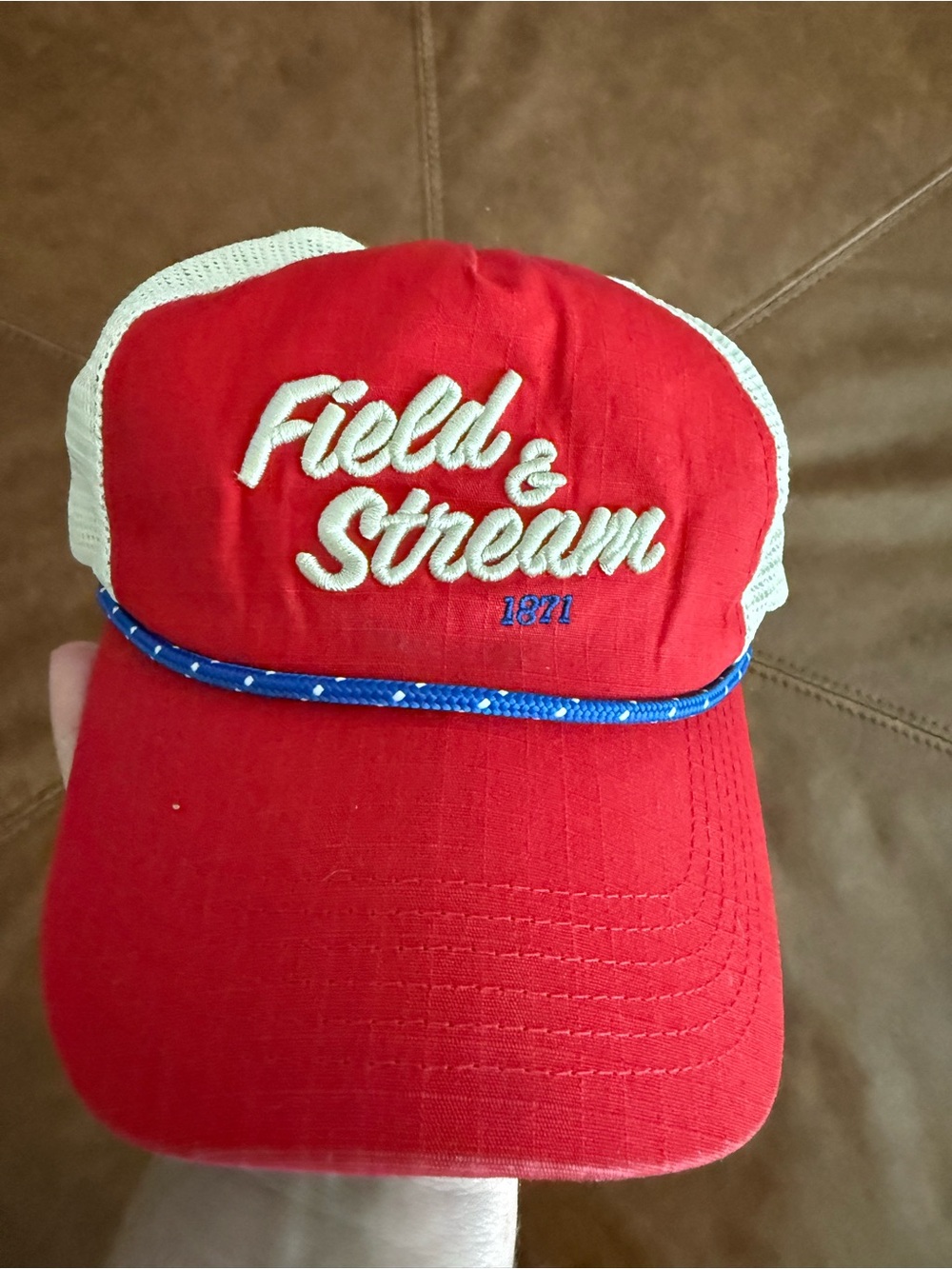 Field & Stream Red and Cream Mesh Trucker Cap with Blue Rope Accent